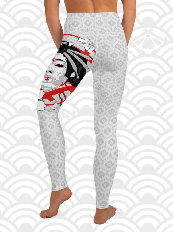 Ukiyo Streetwear Light Grey Geisha Mask and Cherry Blossoms (Sakura) Print Women's Yoga Leggings