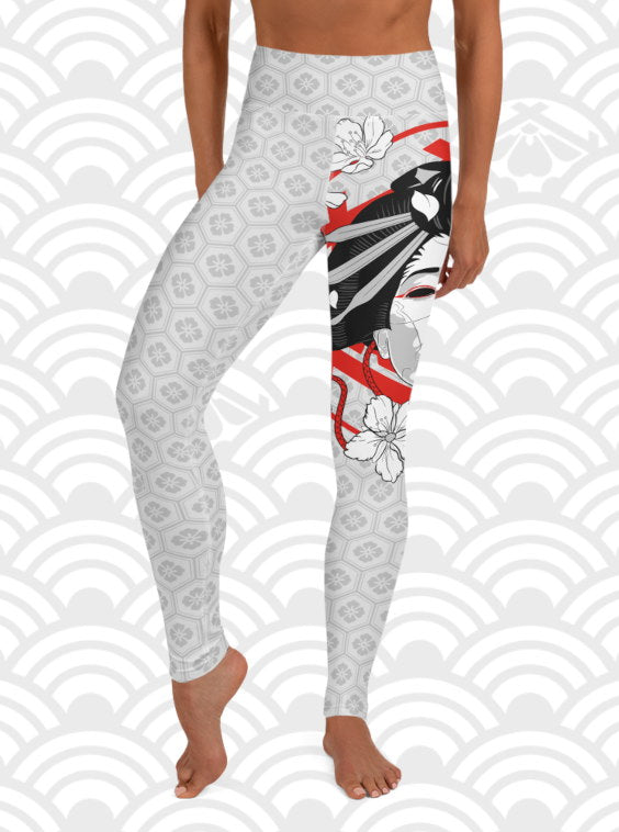 Ukiyo Streetwear Light Grey Geisha Mask and Cherry Blossoms (Sakura) Print Women's Yoga Leggings