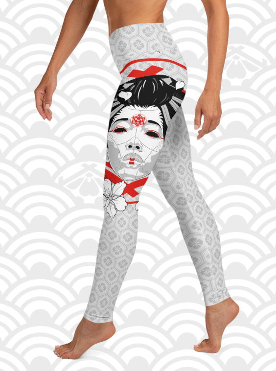 Ukiyo Streetwear Light Grey Geisha Mask and Cherry Blossoms (Sakura) Print Women's Yoga Leggings